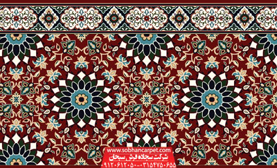 فرش مسجدی تشریفاتی طرح کاشی کاری - زمینه قرمز روناسی