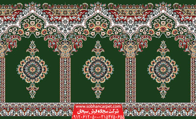 فرش مسجد محرابی طرح بارگاه - زمینه سبز یشمی