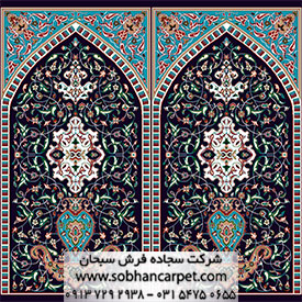 فرش ماشینی سجاده ای طرح اصفهان با رنگبندی زمینه سرمه‌ای